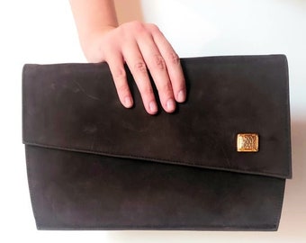 Brown Suede Evening Envelope Clutch with metalic details