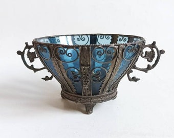 Vintage filigree metal and blue glass serving bowl / candy / trinket tray /glass bowl / basket