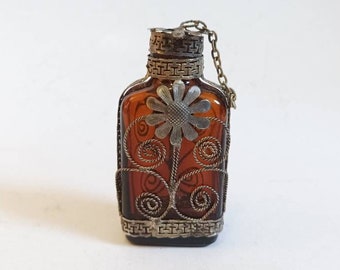 Vintage filigree metal and brown glass bottle / flask / perfume bottle / Holy Water Bottle