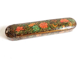 antique 1800's qajar qalamdan lacquer paper mache pen case box / flowers and birds