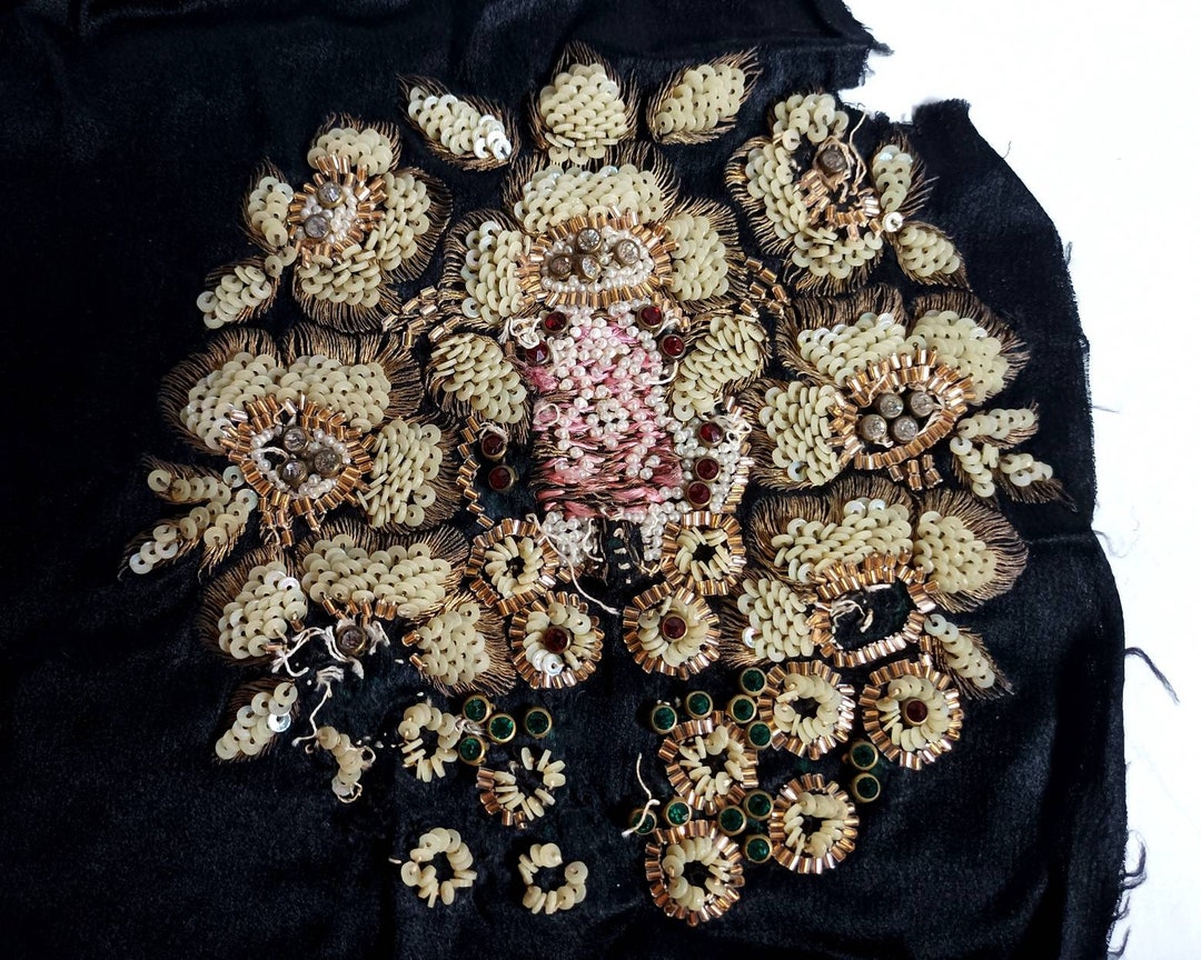 Antique Gold Thread and Glass Beads Embroidery on Black Fabric Etsy
