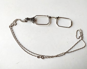 Antique Marcasite folding lorgnettes, opera glasses, 925 sterling silver, chain / 20's Spectacles eye, eyeglasses / Reading Accessories