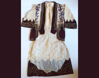 Antique Greek gold thread traditional girls costume set / folk art / hand embroidered burgundy velvet dress apron vest