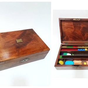 Antique gambling chips box / case / writing desk box / wood and brass gaming box
