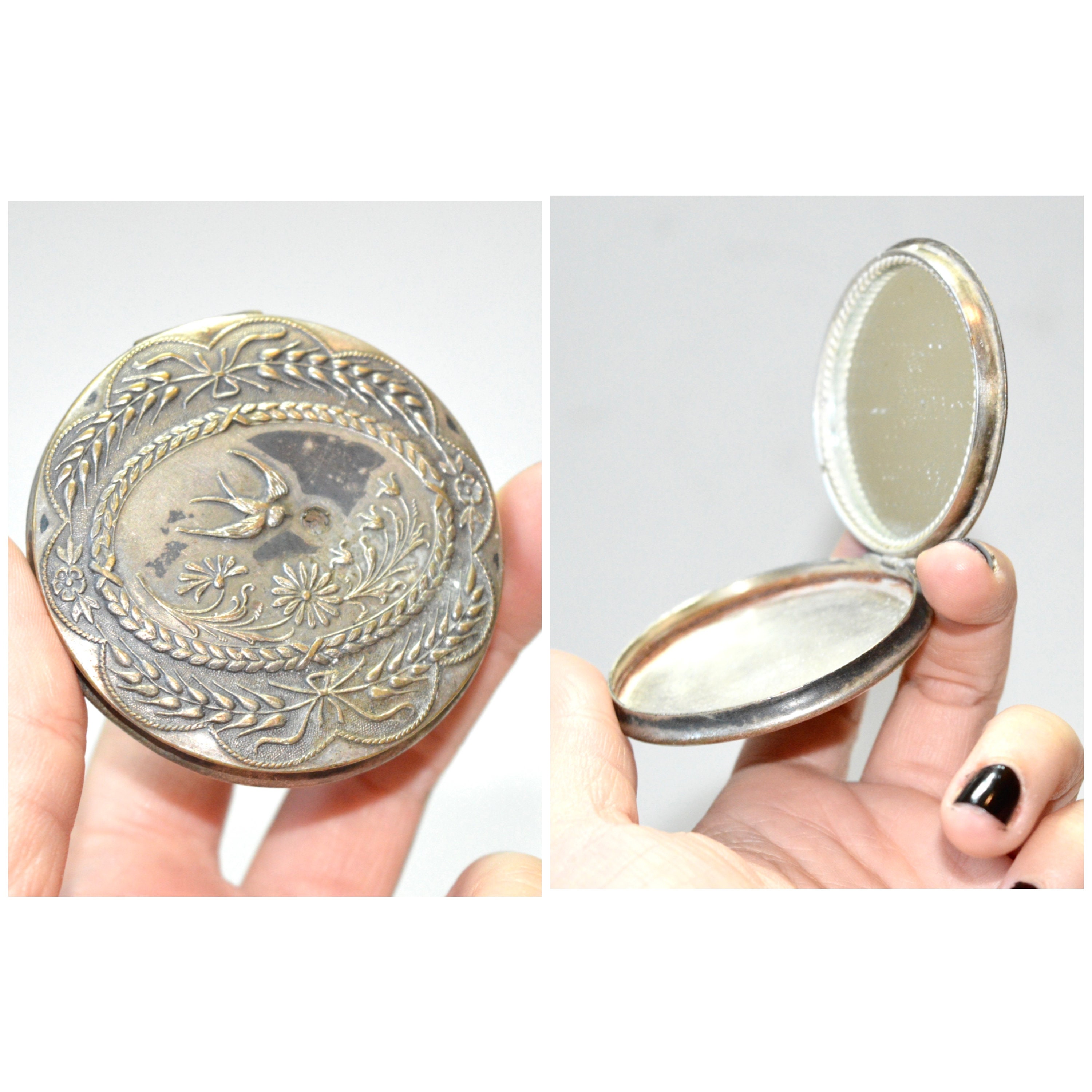 Antique silver plated brass powder compact, round box with mirror / Ladies Makeup Mirror Holder / swallow bird and plants / marked