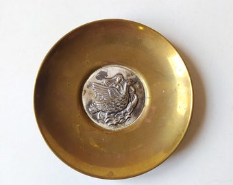 Ilias Lalaounis vintage silver 925 and brass small plate, dish, Leda and the Swan / made in Greece, Greek / sterling