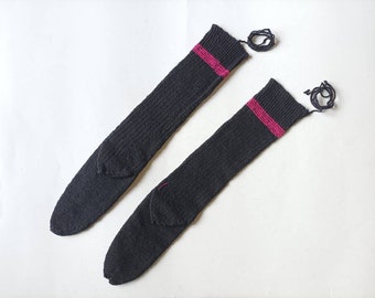 Antique hand knitted wool socks / folk art / traditional costume / made in greece / blue black with pink lines