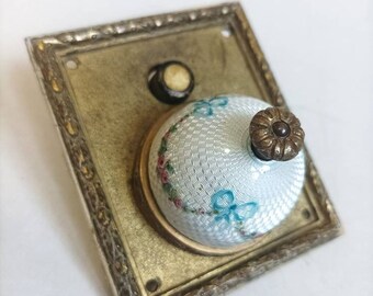 Antique Silver Guilloche & hand painted bell push or light switch / electric butler wall bell / white enamel /painted flowers / floral