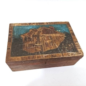 アンティーク 1800 年代の手作り麦わら箱 / 捕虜の象嵌入り木製ジュエリーボックス / 寄木細工のジュエリーボックス