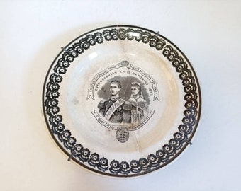 antique 1867 Greek Royal wedding memento plate / George the 1st and Queen Olga / Greece / hand painted flowers edging / faience plate