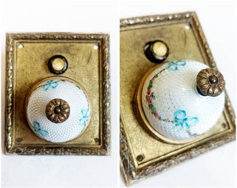 Antique Silver Guilloche & hand painted bell push or light switch / electric butler wall bell / white enamel /painted flowers / floral