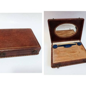 Antique tooled Leather Box with mirror / manicure pedicure nail care tool box / gold embossed / vanity set / beveled glass