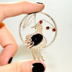 Vintage sterling silver filigree brooch jewelry / bird parrot