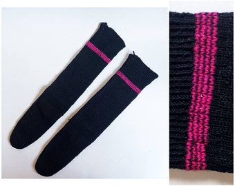 Antique hand knitted wool socks / folk art / traditional costume / made in greece / blue black with pink lines