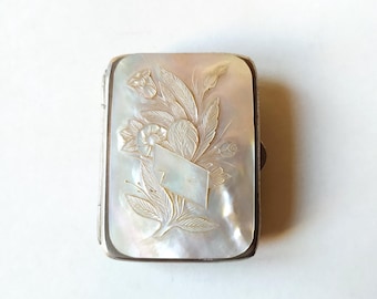 Antique mother of pearl Victorian finger coin purse, hand carved / hand made floral natural shell case / blue cloth Interior 1800&#39;s flower