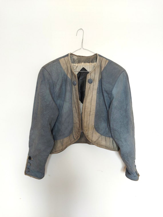 vintage 80's genuine leather blue gray jacket , Si
