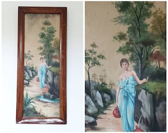 Αantique grande peinture originale sur soie / jeune femme près de la fontaine / encadrée / scène romantique