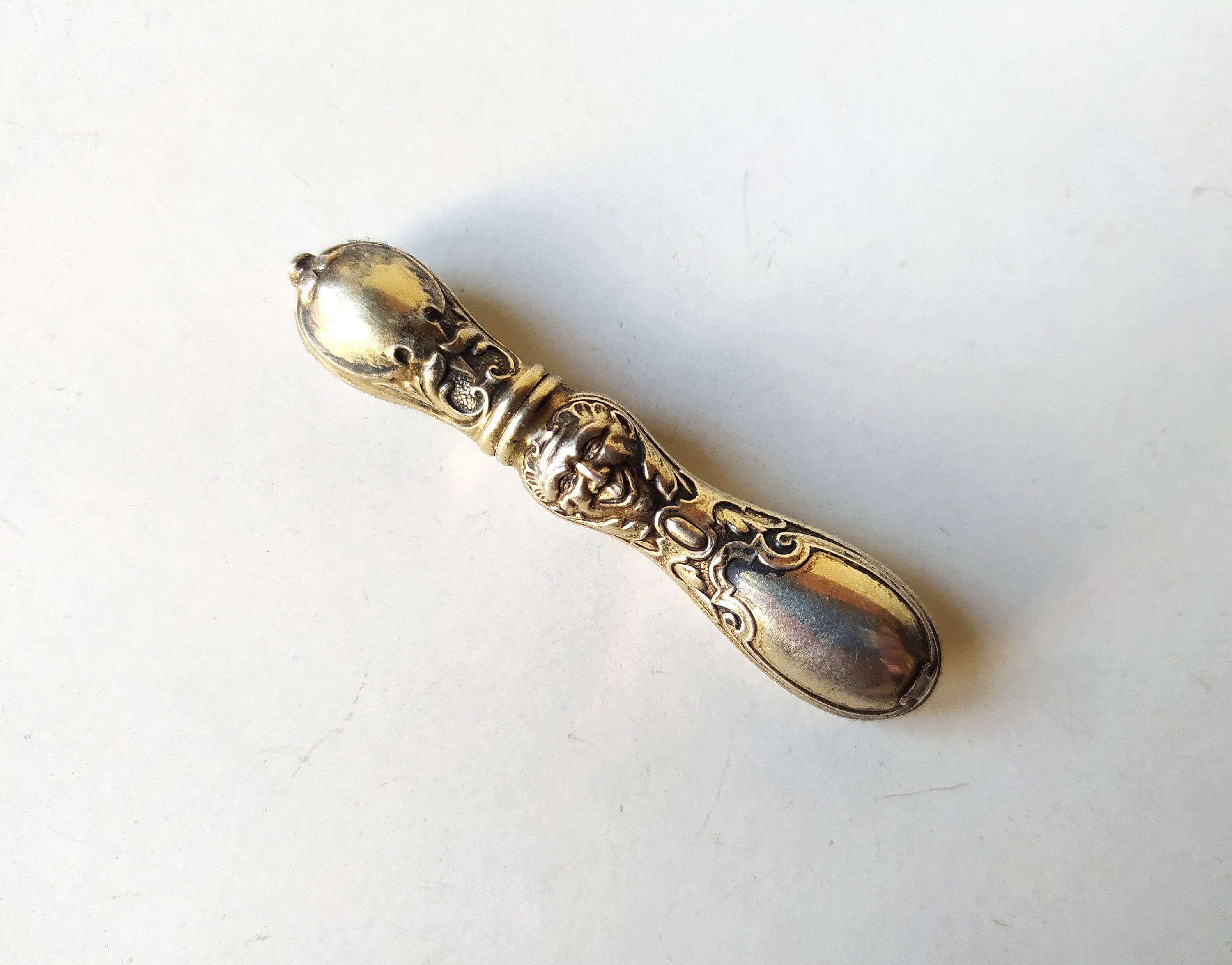 Antique Victorian Solid Silver needle case Gargoyle Repousee / small travel Figural pin box / sewing accessories Etui Art Nouveau Griffin