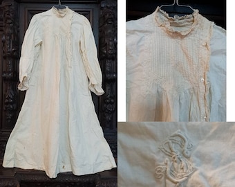 antique Victorian long nightgown with lace / SS monogram / Greek key / night dress / petticoat / night gown