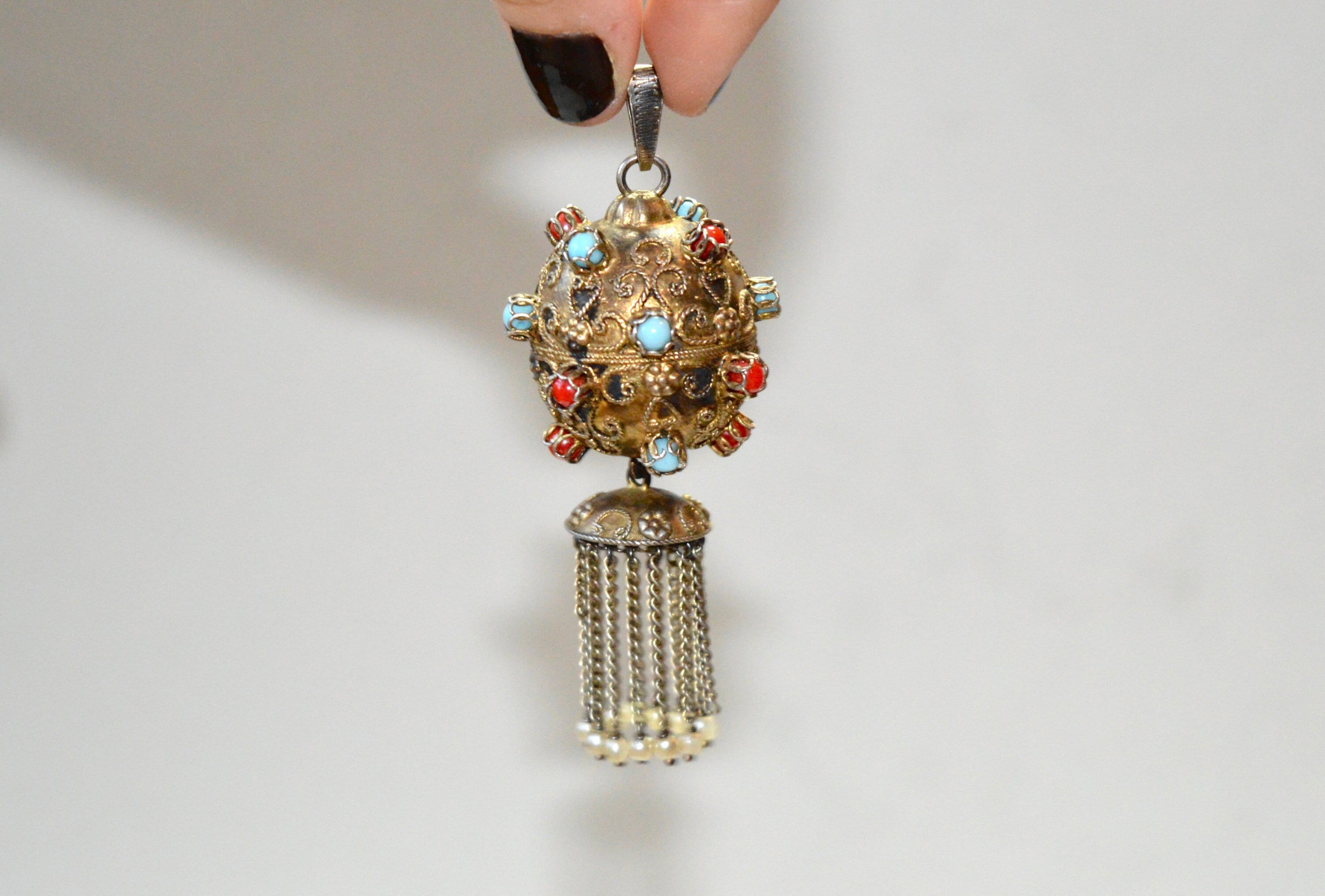 Antique 1800's gold plated sterling silver pendant / Filigree necklace /sphere charm / wire work / Etruscan Revival? traditional? / gilt