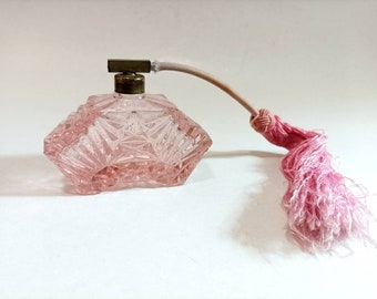 Antique Art Deco Coral Pink Perfume bottle atomizer / cut glass