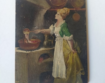 antique original oil painting on wood, woman cooking a soup / 1800&#39;s / kitchen