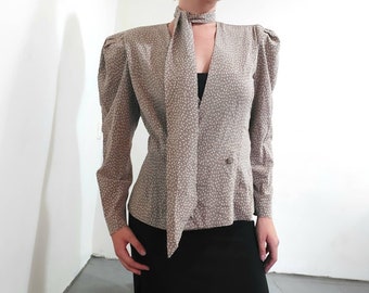 Vintage Patterned Blazer with matching  Scarf and  Puffy Sleeves/ Beige/Grey and white