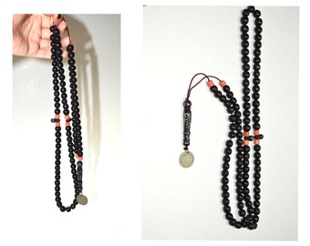 Old natural black coral 99 beads / Islamic prayer inlay rosary / Vintage Antique Yemen, Yemeni Arabic Yusr, Ethnic Tribal Tasbih 92gr