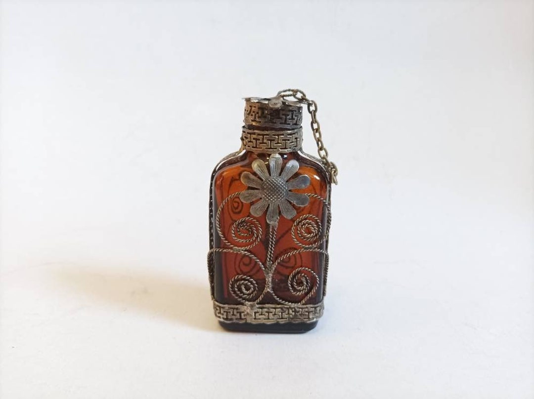 Vintage Filigree Metal and Brown Glass Bottle Flask Perfume