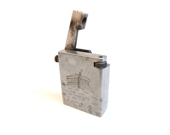 WWII hand made and engraved aluminum liftarm petrol pocket lighter / Parthenon Acropolis Athens Greece