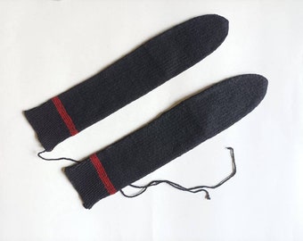 Antique hand knitted wool socks / folk art / traditional costume / made in greece / blue black with red lines