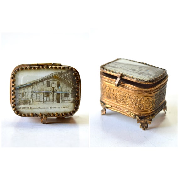 Antique Ormolu and beveled glass French trinket jewelry casket box / Ranquines Maison de naissance de St Vincent de Paul / Victorian case