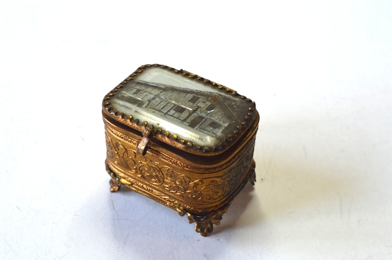 Antyczne ormolu i fazowane szkło francuskie pudełko na biżuterię z biżuterią / Ranquines Maison de naissance de St Vincent de Paul / wiktoriańska skrzynka zdjęcie 4