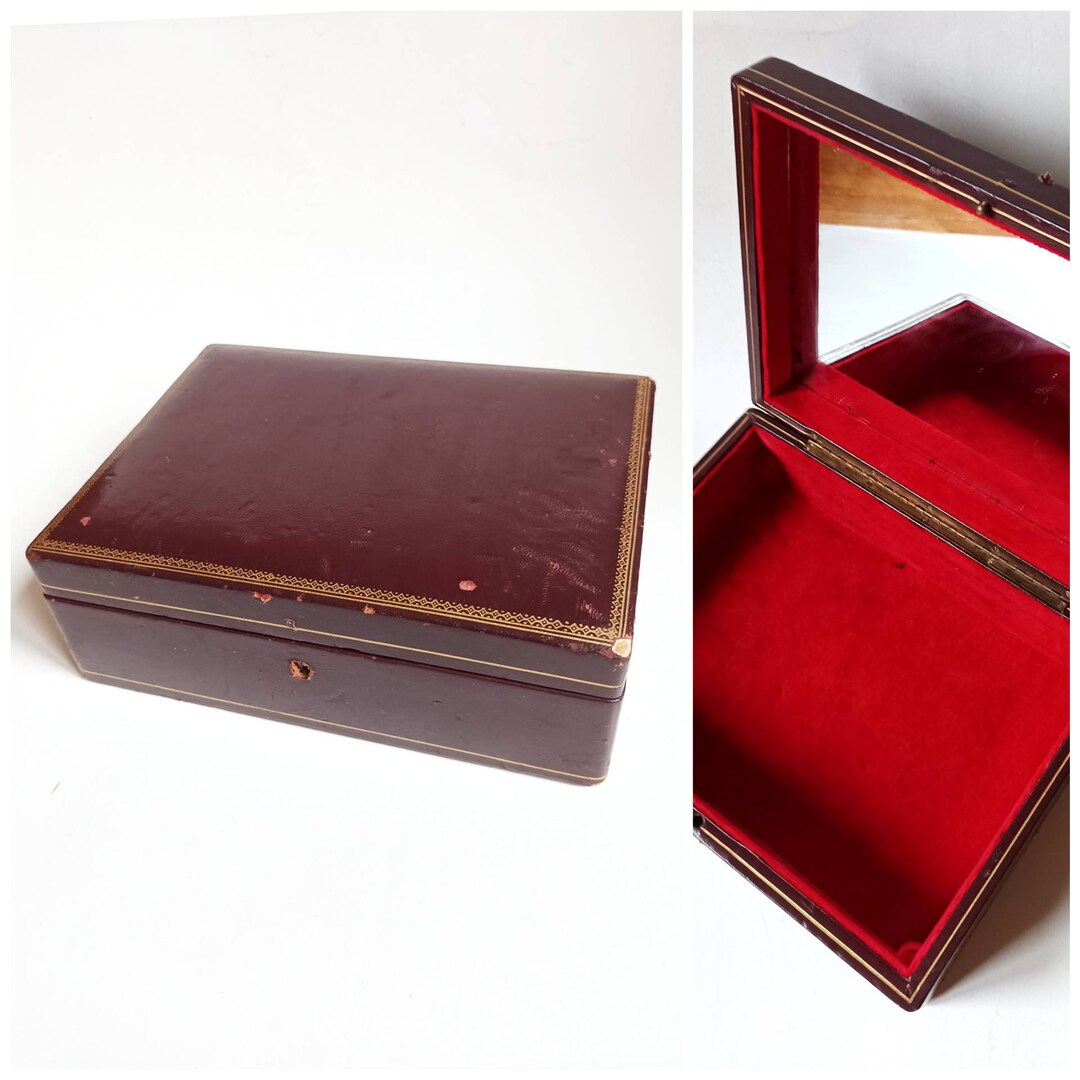 Vintage Brown Leather Box, Jewelry / Trinket Box With Mirror / Marked