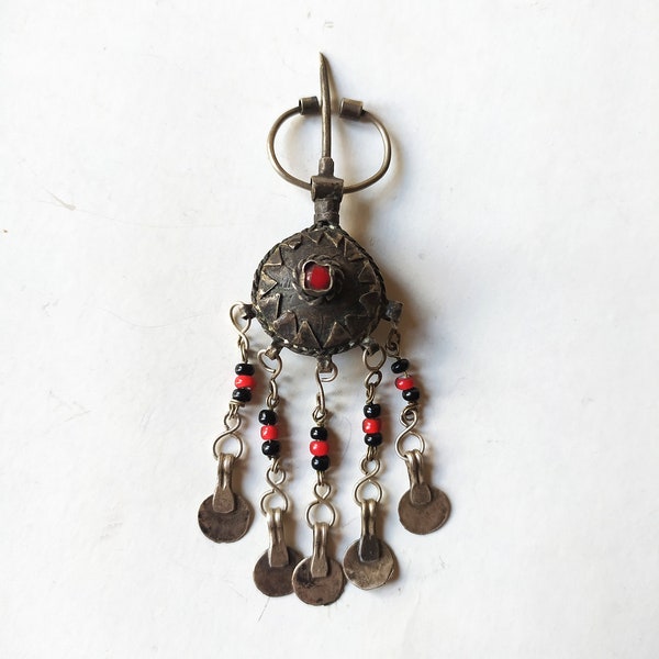 Antique silver Berber Fibula Atlas Moroccan brooch, Handmade tribal jewelry, red black glass beads / traditional costume ethnic folk art Old