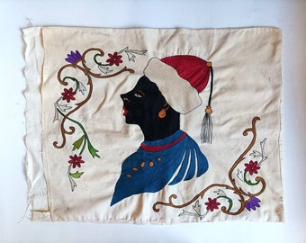 Antique embroidery pillow case, woman in traditional costume / decorative pillow textile