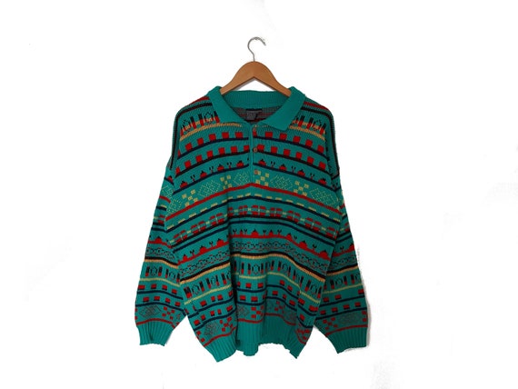 Vintage Patterned Knitted Sweater / Green with re… - image 2