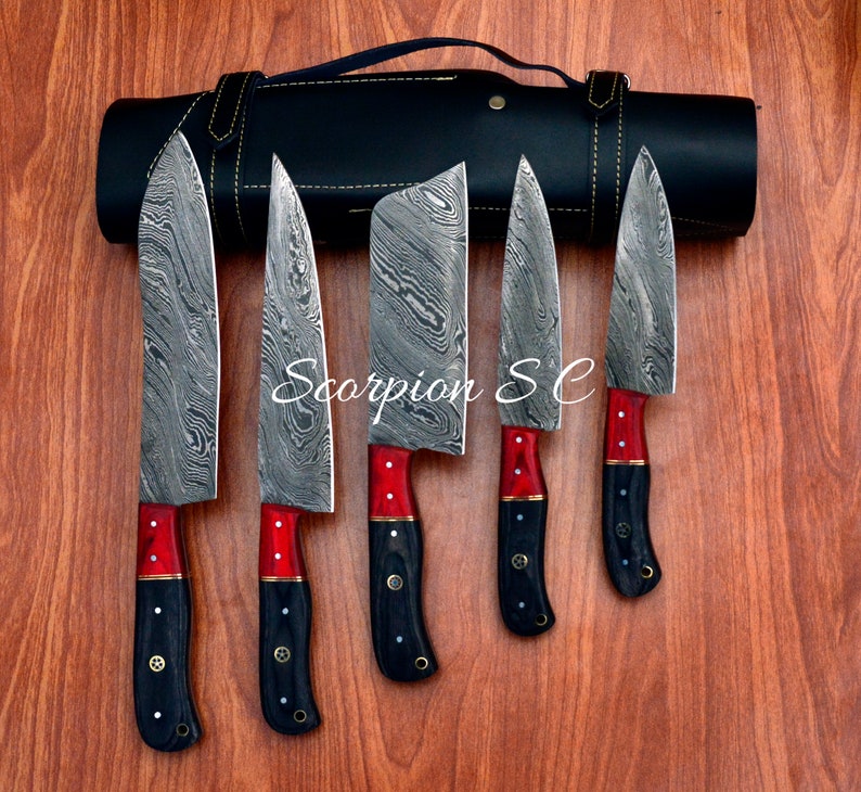 Custom Handmade Damascus 5 ☆ popular Chef set Super Special SALE held Cover Kichten Leather Knife D
