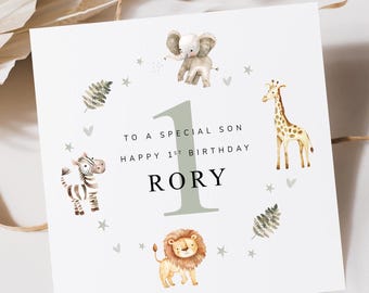 1er anniversaire Safari personnalisé pour garçon | 1er anniversaire d'animal de safari de Zazzle.be Liste d'envies Vous avez des idées ? Animaux de zoo | Carte spéciale 1er anniversaire | 1er anniversaire du fils