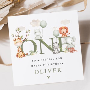 Personalised Safari First Birthday Card For Son Grandson Nephew Godson | Jungle Birthday | Safari Animals 1st Birthday Card | Zoo Animals