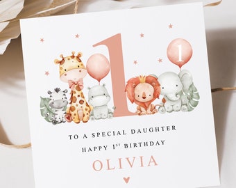 Personalised Safari Animals Birthday Card For Little Girl