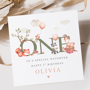 Personalised Woodland First Birthday Card For Daughter Granddaughter Niece Goddaughter | Woodland Theme Birthday Card | Woodland Animals 1st