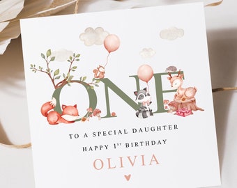 Personalised Woodland First Birthday Card For Daughter Granddaughter Niece Goddaughter | Woodland Theme Birthday Card | Woodland Animals 1st