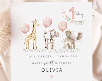 Tarjeta de cumpleaños personalizada de safari para hija, nieta, sobrina o ahijada. Tarjeta de cumpleaños de animales de safari. Animales del zoológico.