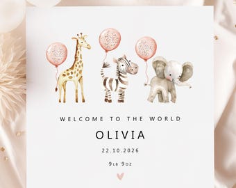 Tarjeta personalizada para recién nacida / Bienvenida al mundo / Nieta, hija o sobrina / Bebé / Safari / Animalito