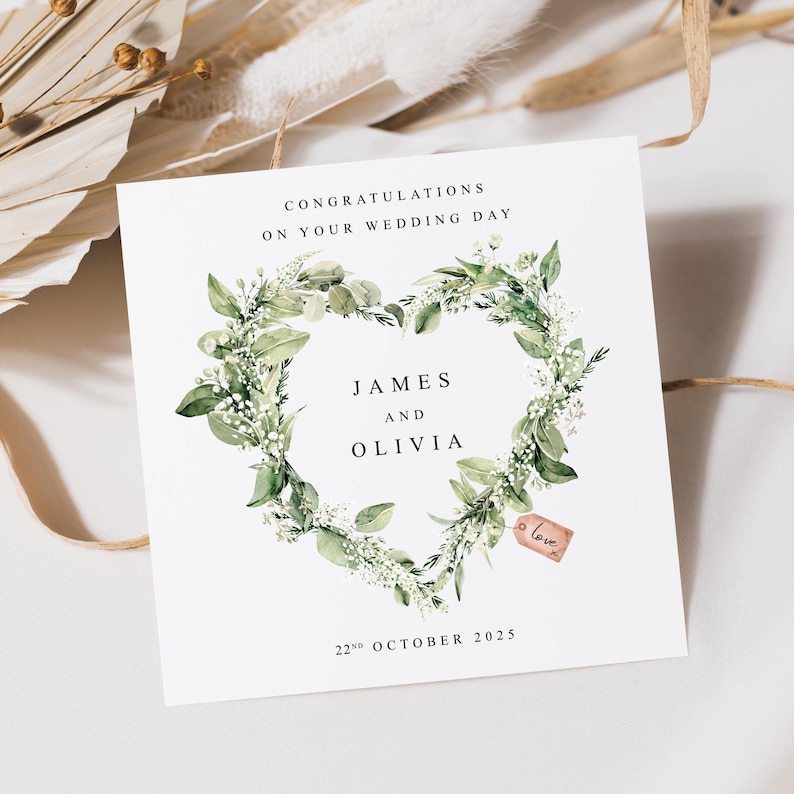 Carte de mariage personnalisée | Félicitations pour votre mariage | Carte Mr et Mme | Jeunes mariés | aux mariés | Couronne de coeur de verdure image 1