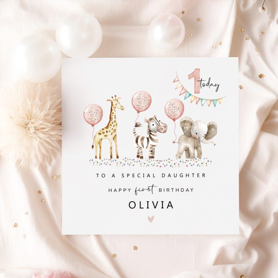 Personalised Safari First Birthday Card For Daughter, Granddaughter, Niece, Goddaughter | Safari Animals 1st Birthday Card | Zoo Animals