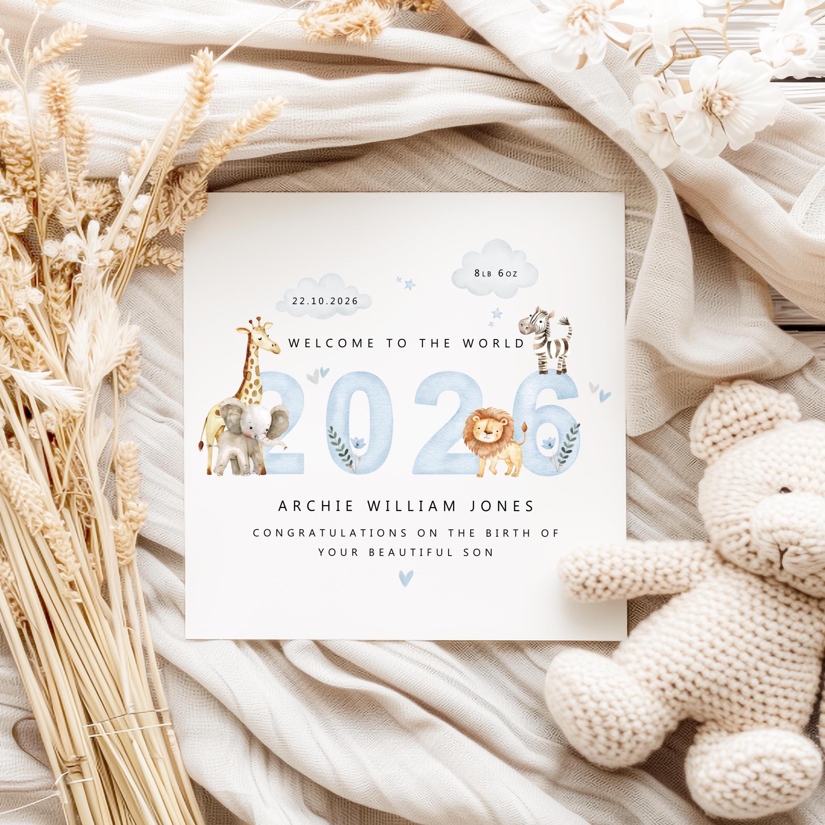 アクリル画F10 Welcome to New Born Earth Safari New Baby Card | Personalised Welcome to the World Card