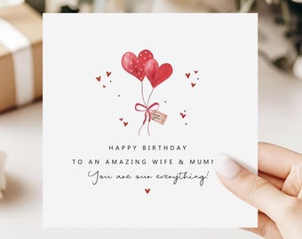 Birthday Card for Wife and Mummy, Our Everything | Happy Birthday Card | Heart Balloon Design | From Husband and Children