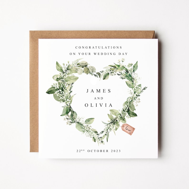 Personalised Wedding Card Congratulations On Your Wedding Day Mr & Mrs Card Newlyweds To The Bride And Groom Greenery Heart Wreath image 1